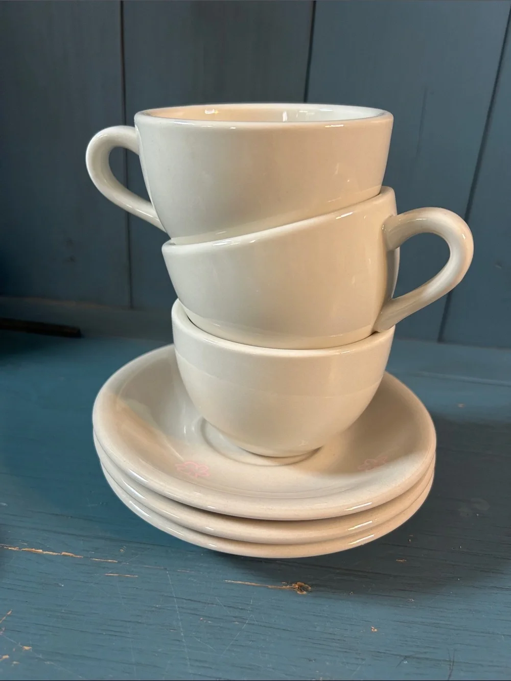 CAC Classic White Ceramic Teacups and Saucer Set - 3 Pieces | Pink Floral Detail